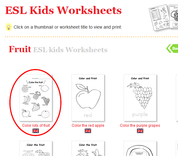 1. In eslkidstuff.com locate the worksheet, craft sheet or song sheet you want to use.